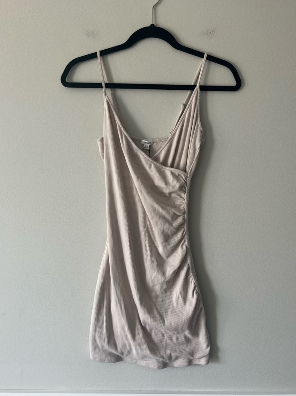 Garage Ribbed Bodycon Wrap Dress M Pebble Gray Ruched Mini Slip Spaghetti Strap